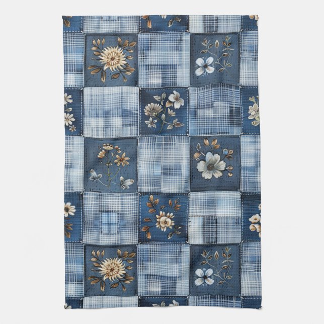 Floral Patchwork Pattern | Boho Denim Tea Towel (Vertical)