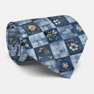 Floral Patchwork Pattern Boho Denim Tie
