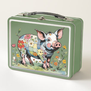 Floral Patchwork Pig With Wildflowers Metal Lunch Box