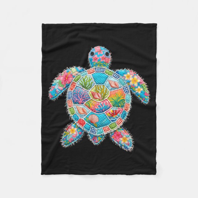 Floral Patchwork Turtle Summer Retro Beach Sea Fleece Blanket (Front)