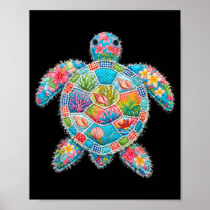Floral Patchwork Turtle Summer Retro Beach Sea Poster