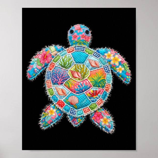 Floral Patchwork Turtle Summer Retro Beach Sea Poster (Front)