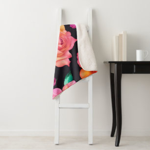Floral Patern Rose Sherpa Blanket