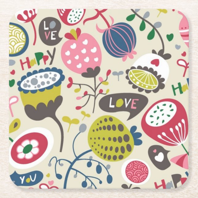 Floral Pattern 12 Square Paper Coaster (Front)