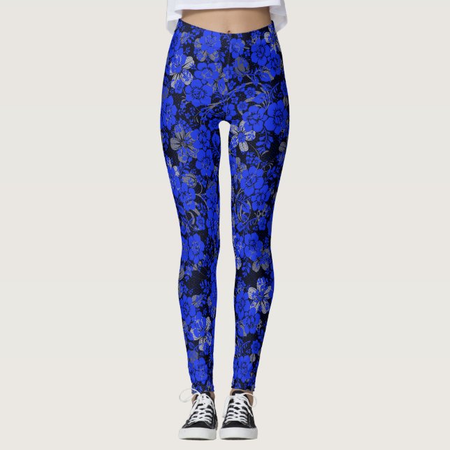 Floral pattern 15.blue.bx4 Black BG Leggings (Front)