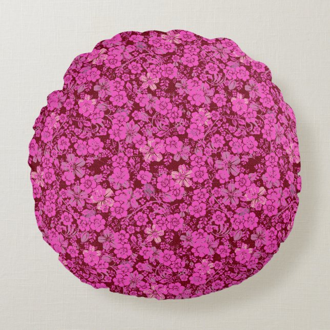 Floral pattern 15.Pink DRed BG Round Cushion (Front)