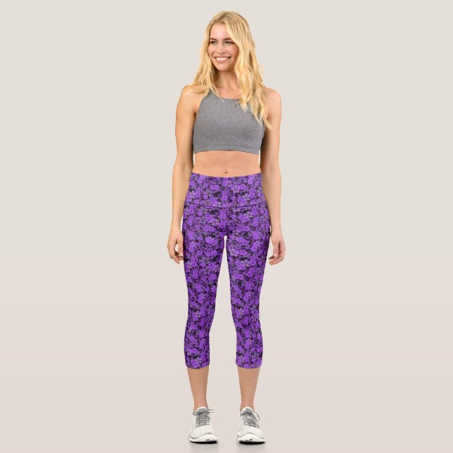Floral pattern 15.Purple.b Black BG Capri Leggings (Front)
