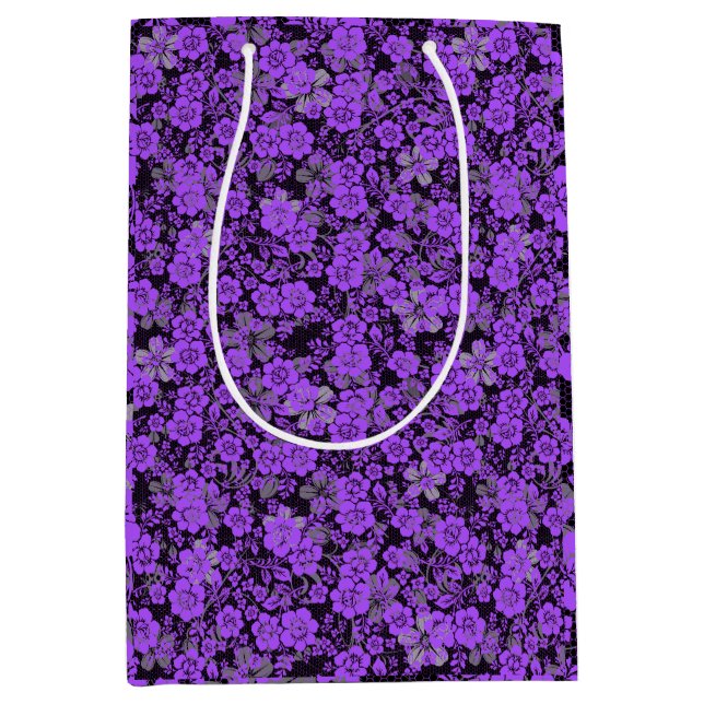 Floral pattern 15.Purple.b Black BG Medium Gift Bag (Front)