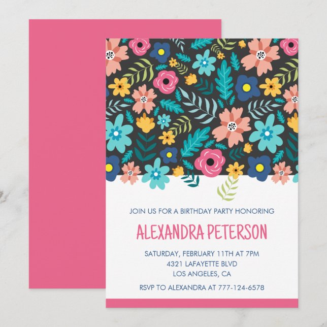 Floral Pattern 44th birthday invitations Pink (Front/Back)