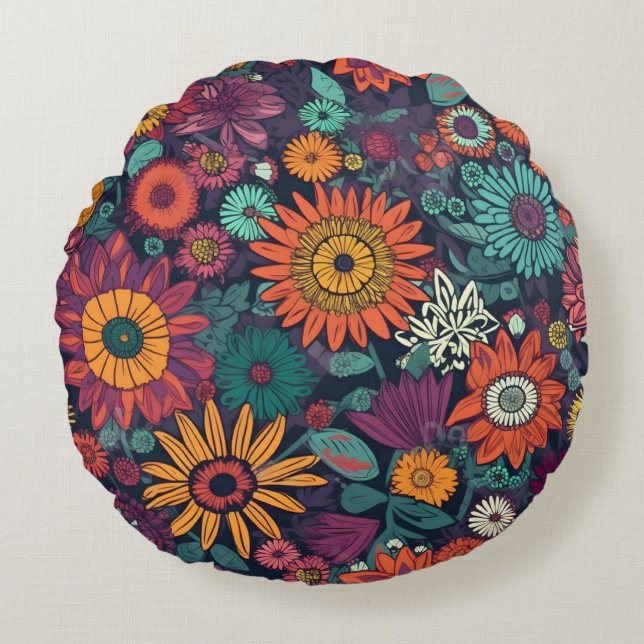 Floral Pattern, A Bouquet of Colourful Flowers Round Cushion (Front)