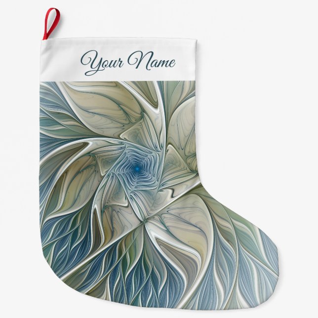 Floral Pattern Abstract Blue Khaki Fractal Name Large Christmas Stocking (Front)