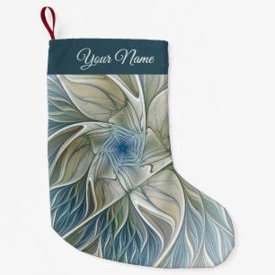 Floral Pattern Abstract Blue Khaki Fractal Name Small Christmas Stocking