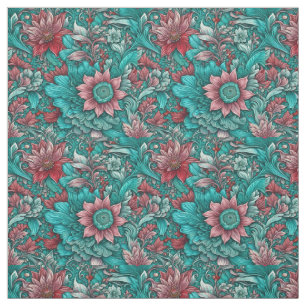 Floral Pattern, Aqua, Teal, Turquoise and Gray Fabric