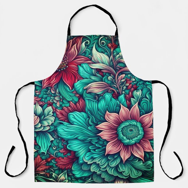 Floral Pattern, Aqua, Teal, Turquoise and Grey Apron (Front)