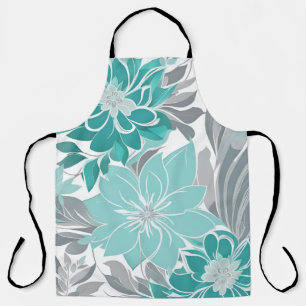 Floral Pattern, Aqua, Teal, Turquoise and Grey Apron