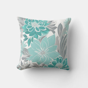 Floral Pattern, Aqua, Teal, Turquoise and Grey Cushion