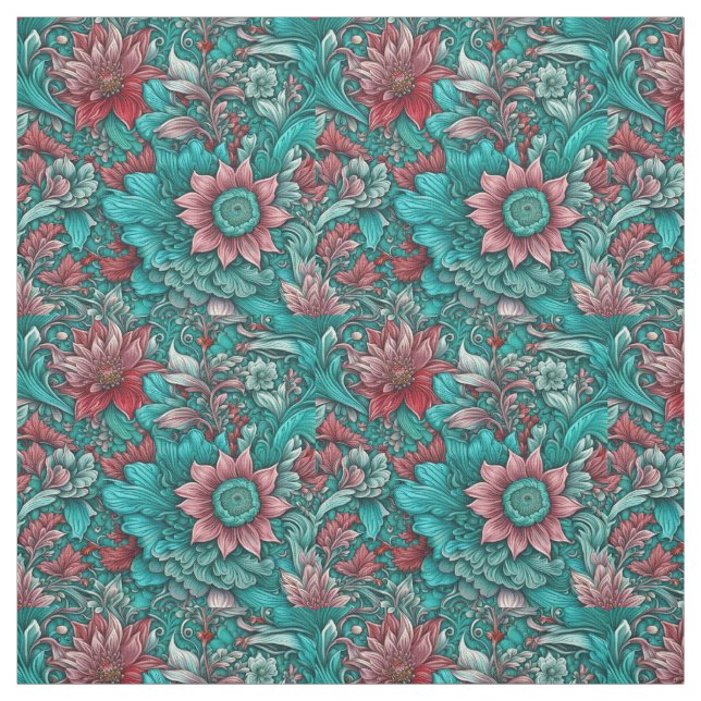 Floral Pattern, Aqua, Teal, Turquoise and Grey Fabric (Swatch)