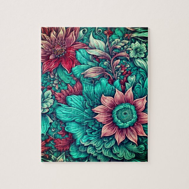 Floral Pattern, Aqua, Teal, Turquoise and Grey Jigsaw Puzzle (Vertical)