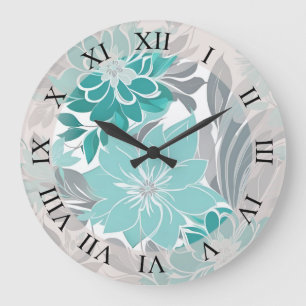 Floral Pattern, Aqua, Teal, Turquoise and Grey Large Clock
