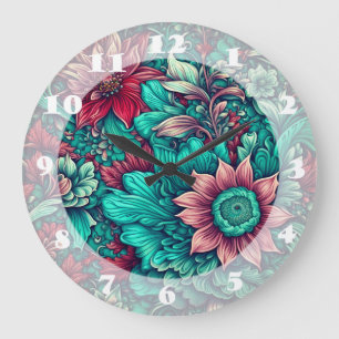 Floral Pattern, Aqua, Teal, Turquoise and Grey Large Clock