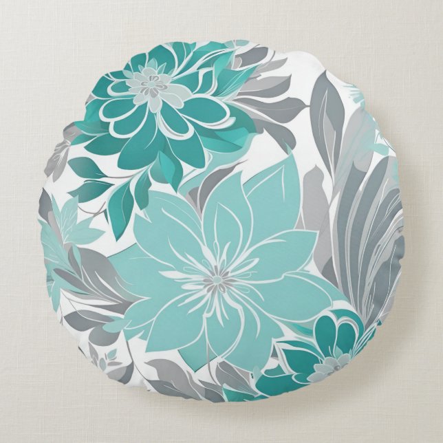 Floral Pattern, Aqua, Teal, Turquoise and Grey Round Cushion (Front)