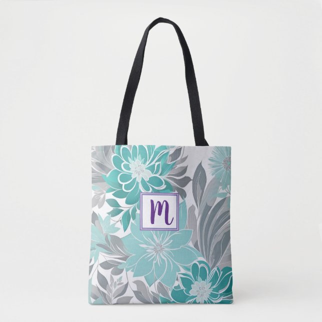 Floral Pattern, Aqua, Teal, Turquoise and Grey Tote Bag (Front)
