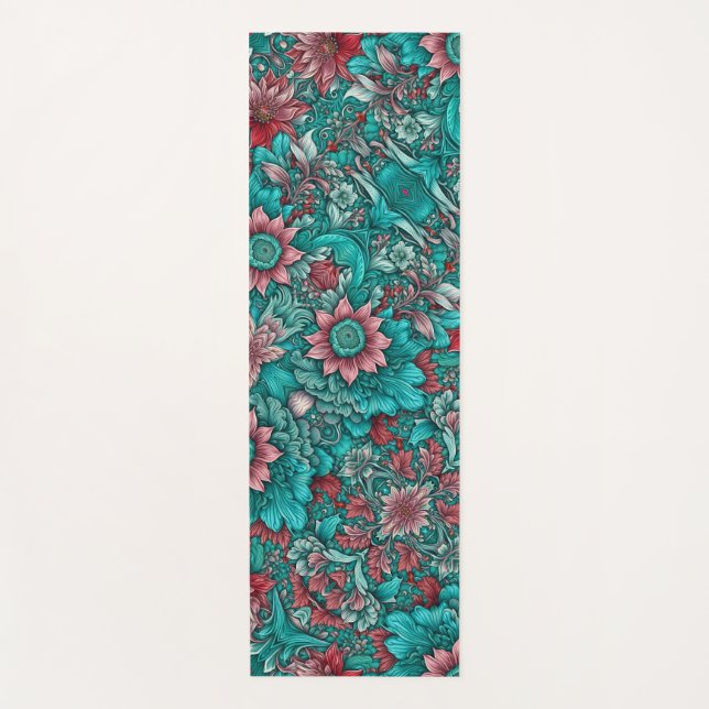 Floral Pattern, Aqua, Teal, Turquoise and Grey Yoga Mat (Front)