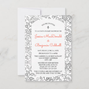 Floral Pattern B&W-3x5 Couple's Baby Shower Invite