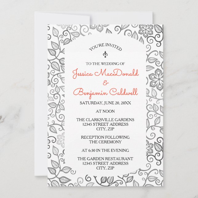 Floral Pattern B&W- Wedding & Reception Invitation (Front)
