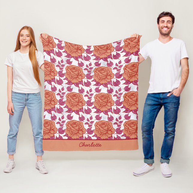 Floral pattern big blossom with personalised name  fleece blanket (In Situ)