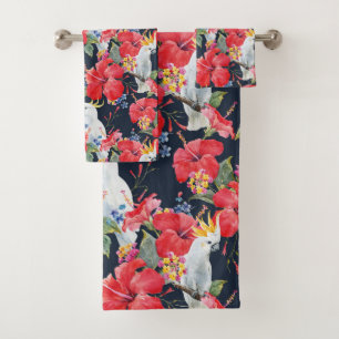 Floral Pattern Birds Flowers Foliage Red Hibiscus Bath Towel Set