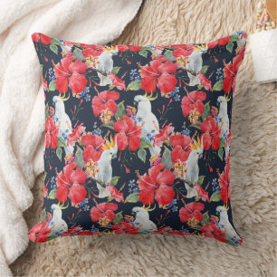 Floral Pattern Birds Flowers Foliage Red Hibiscus Cushion