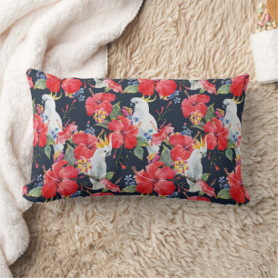 Floral Pattern Birds Flowers Foliage Red Hibiscus  Lumbar Cushion