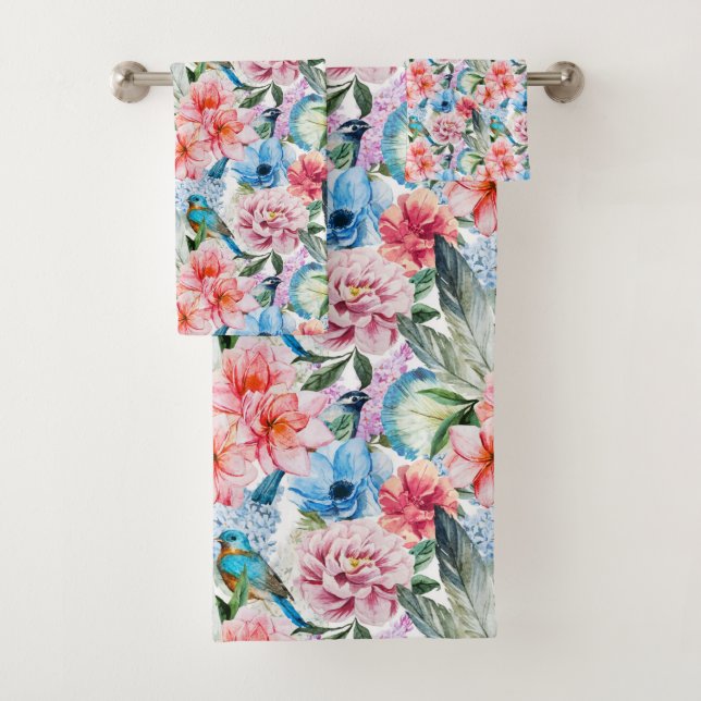 Floral Pattern Birds Foliage Flowers Green Blue Bath Towel Set (Insitu)