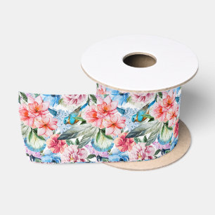Floral Pattern Birds Foliage Flowers Green Blue Satin Ribbon