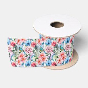 Floral Pattern Birds Foliage Flowers Green Blue Satin Ribbon