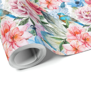 Floral Pattern Birds Foliage Flowers Green Blue Wrapping Paper