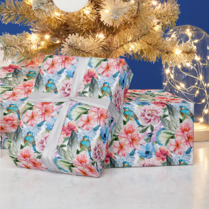 Floral Pattern Birds Foliage Flowers Green Blue Wrapping Paper