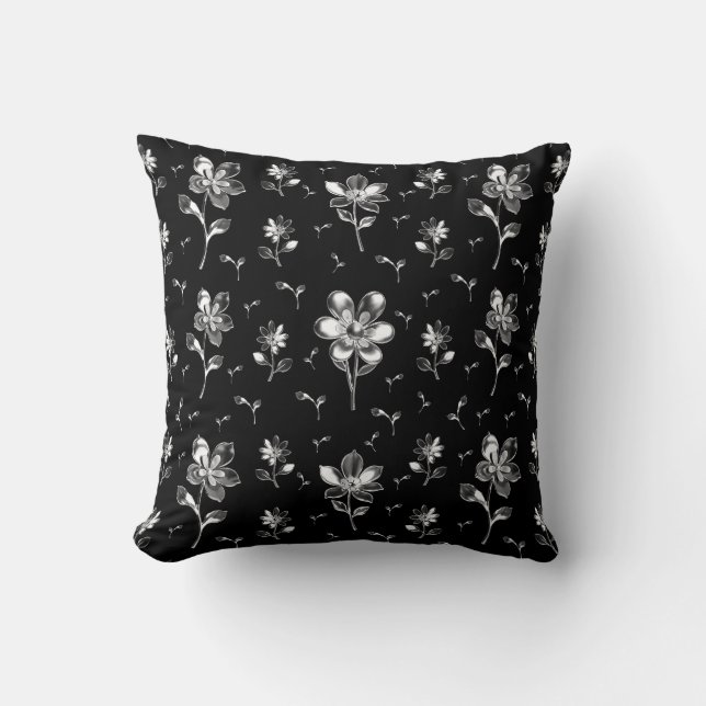 Floral Pattern Black And Silver Double Sided Cushion (Front)