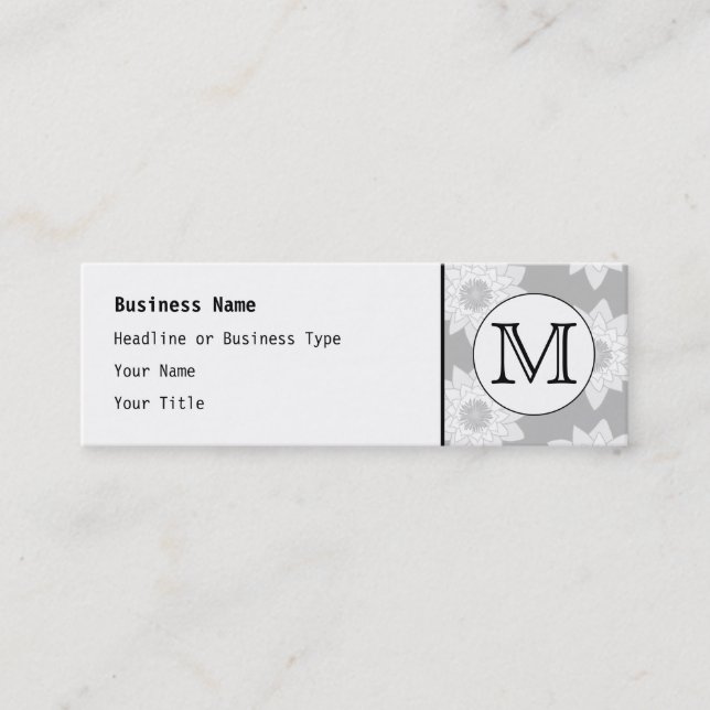 Floral Pattern, Black and White Custom Monogram. Mini Business Card (Front)