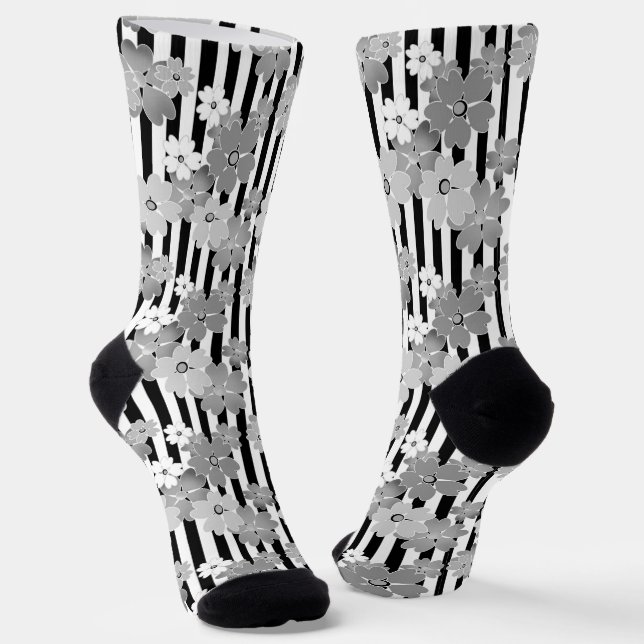 Floral pattern black and white retro striped socks (Angled)