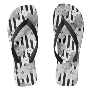 Floral pattern black and white retro striped thongs