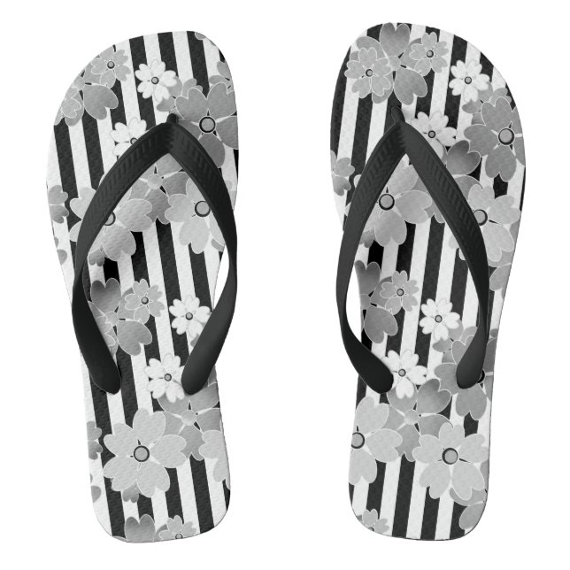 Floral pattern black and white retro striped thongs (Footbed)