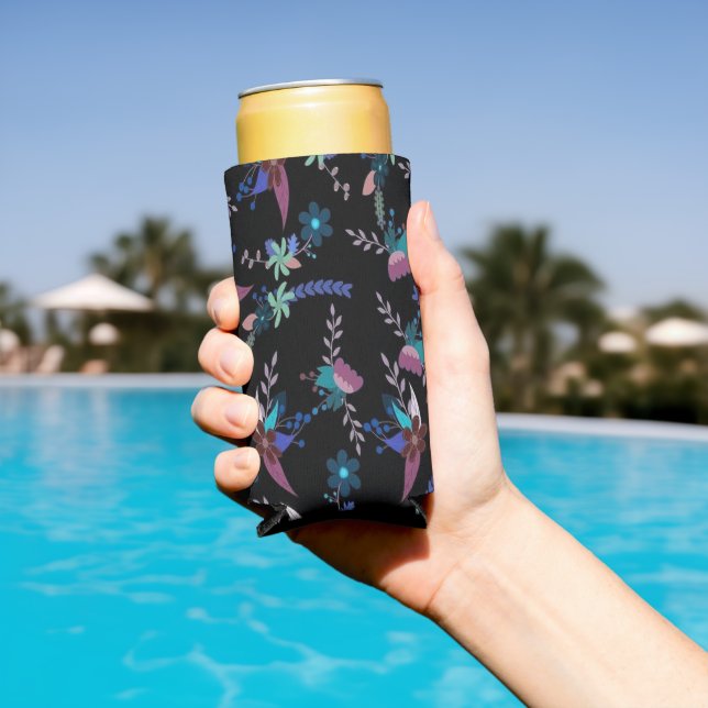 Floral pattern black backdrop seltzer can cooler (In Situ Pool)