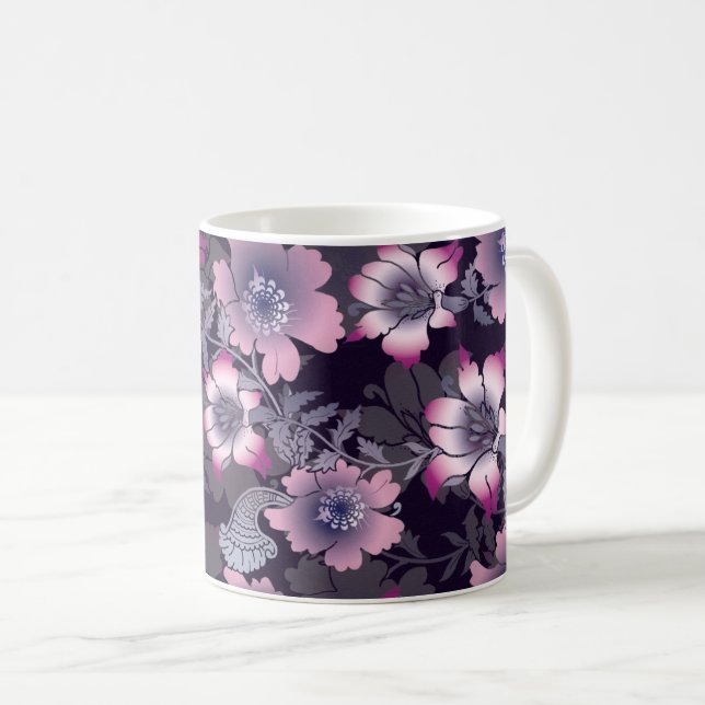 Floral Pattern Black Background Botanical Plant Coffee Mug (Front Right)