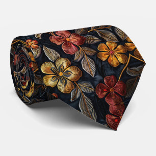 Floral Pattern Black Bold Fall Flowers Tie