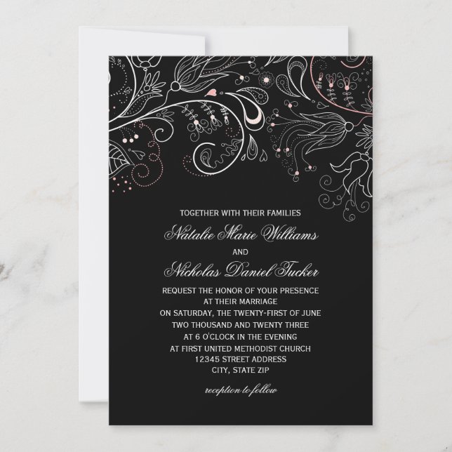 Floral Pattern Black Tulip - Wedding Invitation (Front)