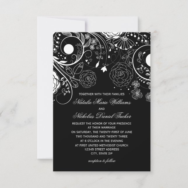 Floral Pattern Black/White - 3x5Wedding Invitation (Front)