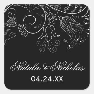 Floral Pattern Black/White Tulip - Square Sticker