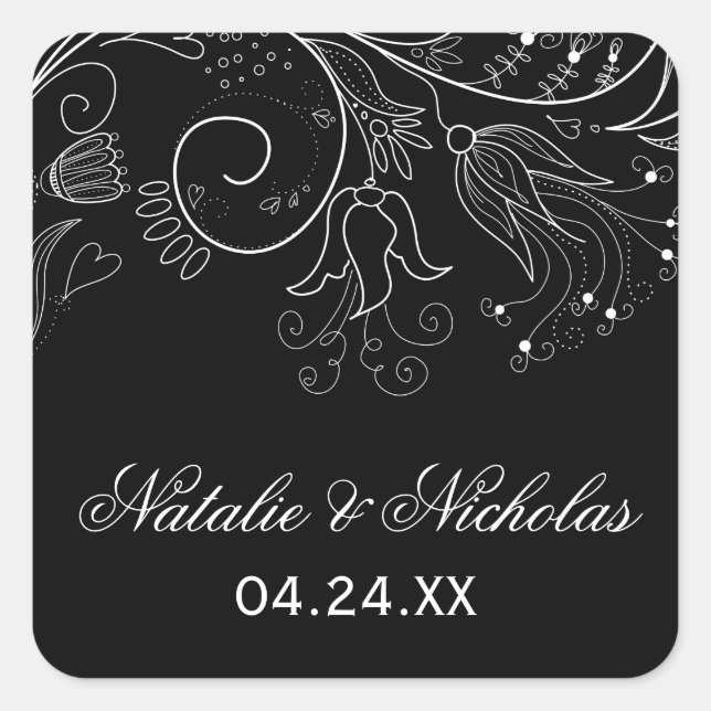 Floral Pattern Black/White Tulip - Square Sticker (Front)